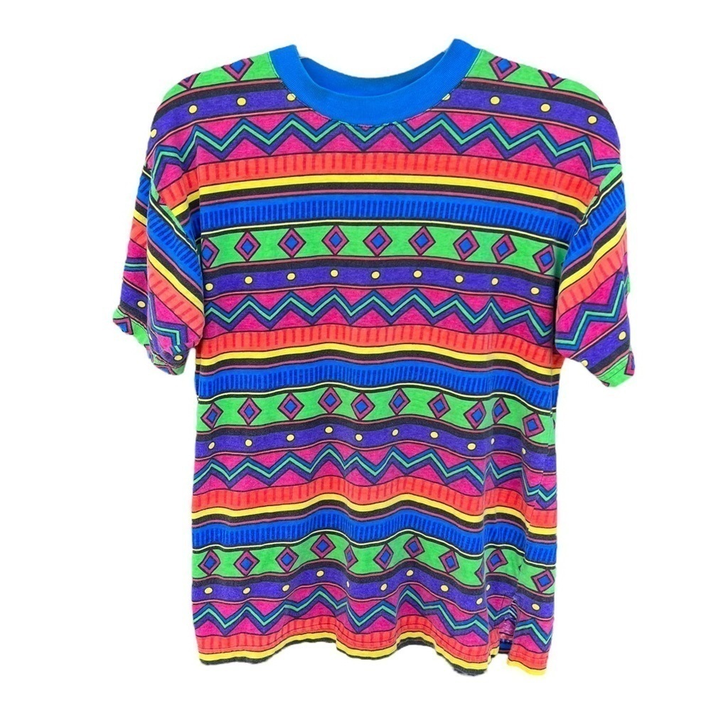 Vintage Cristina Geometric All Over Print AOP T-Shirt Bright Colorful Small GUC